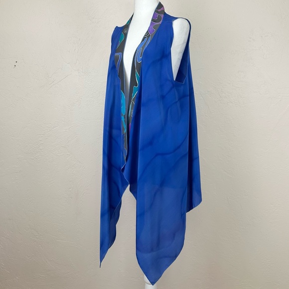 Vintage Maly Cohen Hand Painted Open Silk Blue Multicolor Vest - One Size - Picture 4 of 15